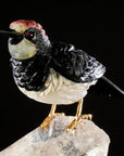 Peter Muller Obsidian, Ocean Jasper, Rhodochrosite, & Yellow Quartz Acorn Woodpecker Love Bird Carving on Quartz Cluster & Tourmaline Base - Xformerz
