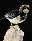 Peter Muller Obsidian, Ocean Jasper, Rhodochrosite, & Yellow Quartz Acorn Woodpecker Love Bird Carving on Quartz Cluster & Tourmaline Base - Xformerz