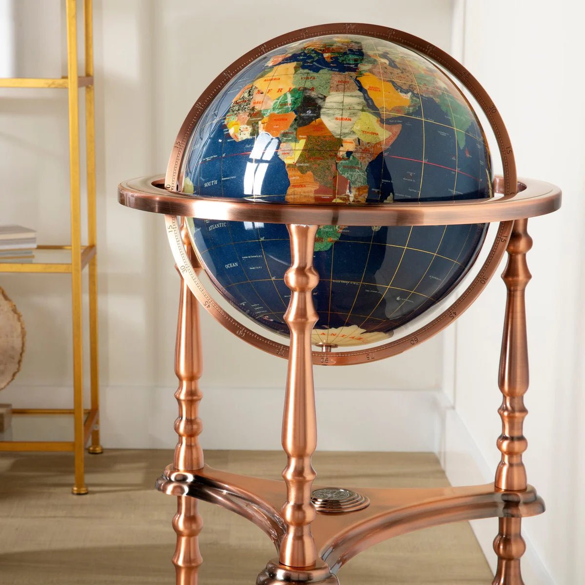 37" Tall / Gemstone Globe with Lapis Ocean / Ambassador Antique Copper / 3 Leg High Stand - Xformerz