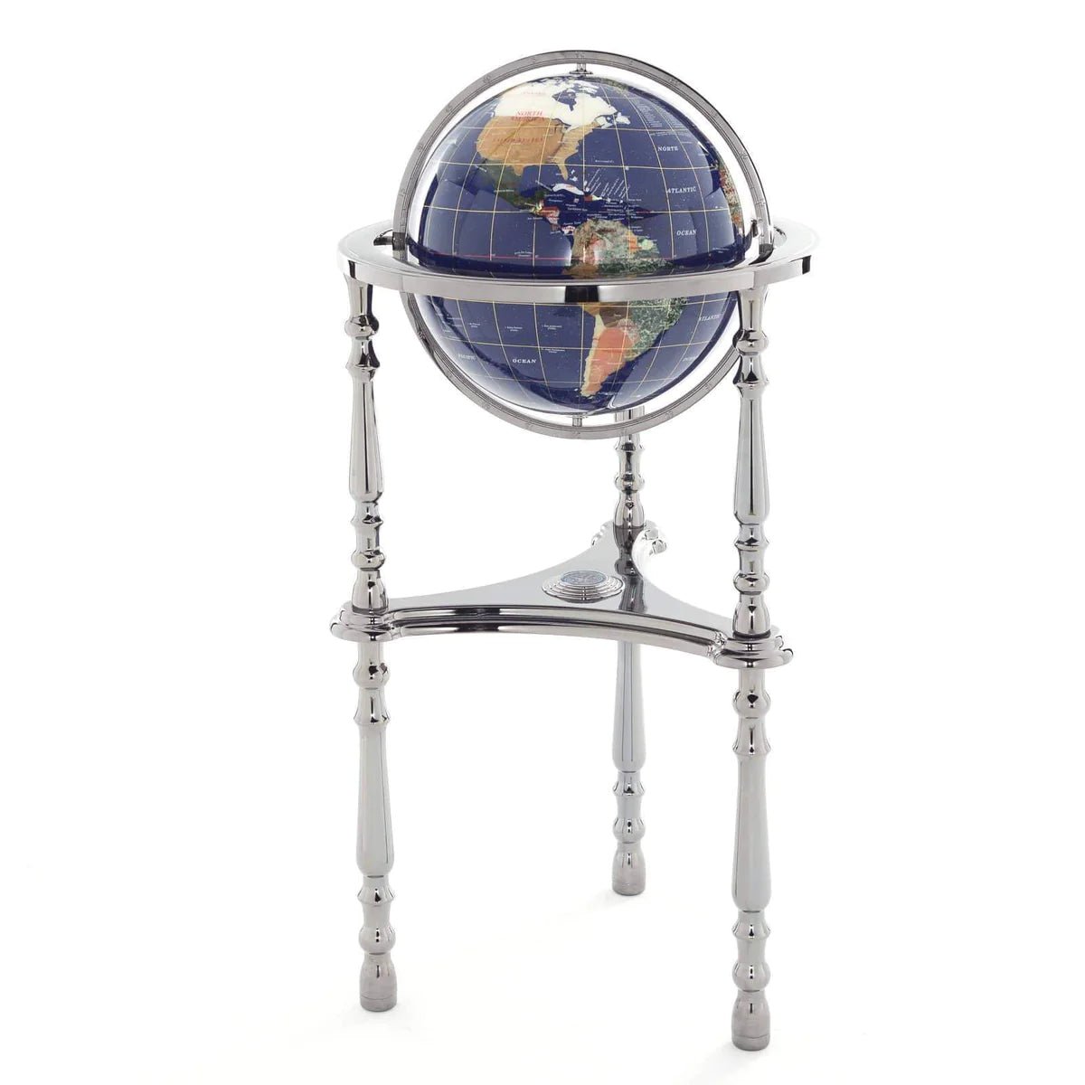 37" Tall Gemstone Globe with Lapis Ocean on Ambassador Gun Metal 3-Leg High Stand - Xformerz