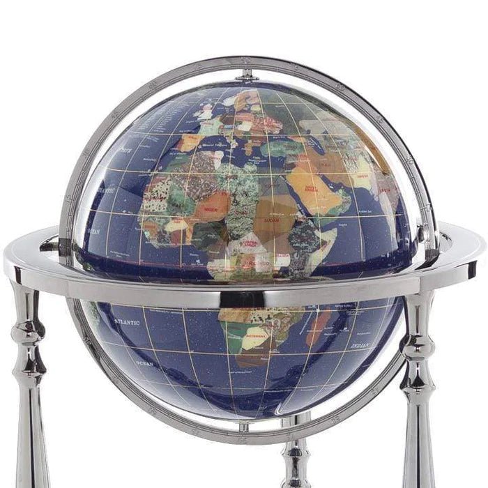 37" Tall Gemstone Globe with Lapis Ocean on Ambassador Gun Metal 3-Leg High Stand - Xformerz