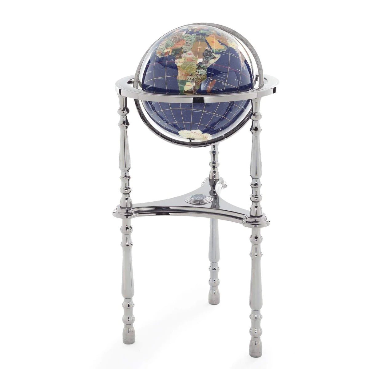 37" Tall Gemstone Globe with Lapis Ocean on Ambassador Gun Metal 3-Leg High Stand - Xformerz