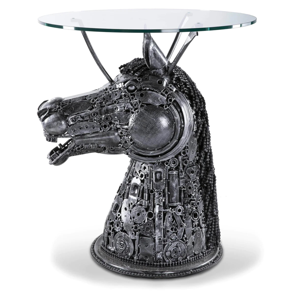 40 Table Horse Head with Glass Inspired Recycled Metal Sculpture Original, One-of-a-Kind Work of Art 1 m x 0.8 m - Xformerz