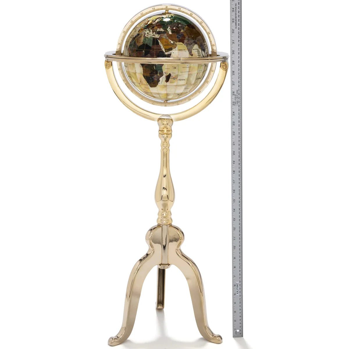 9 Gemstone Globe with a Mother of Pearl Full Cut Ocean on a Gold Colored Masterpiece Stand - Xformerz