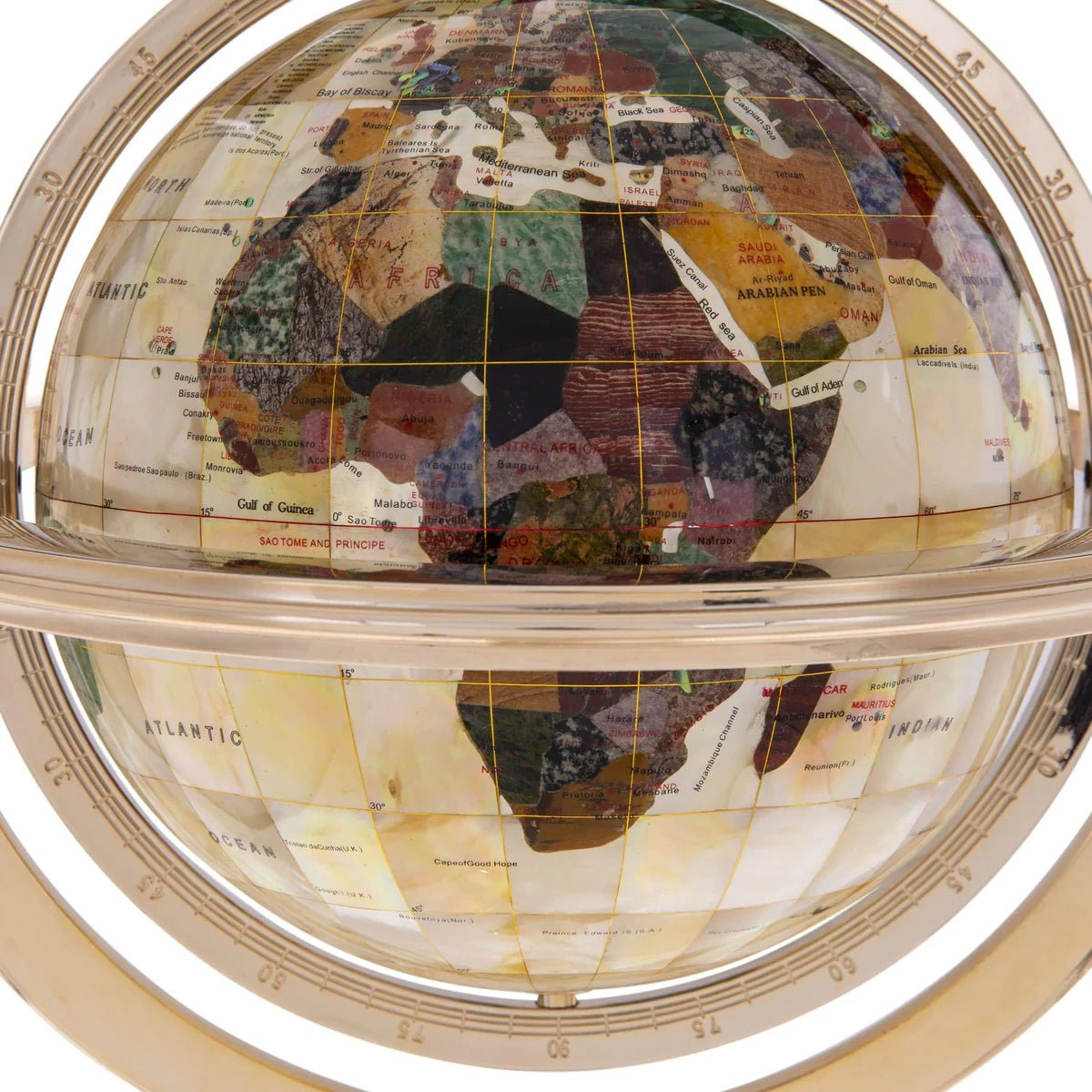 9 Gemstone Globe with a Mother of Pearl Full Cut Ocean on a Gold Colored Masterpiece Stand - Xformerz