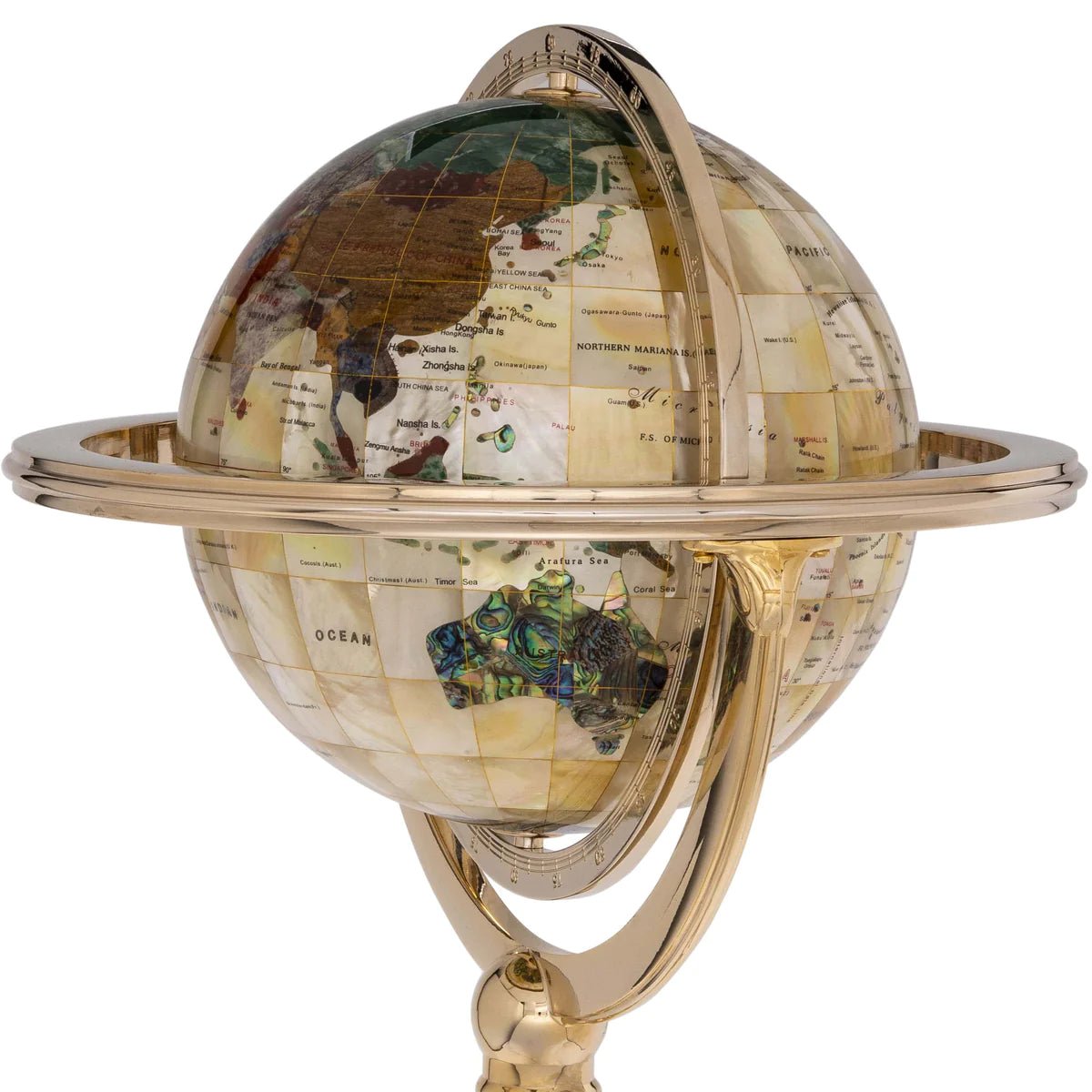 9 Gemstone Globe with a Mother of Pearl Full Cut Ocean on a Gold Colored Masterpiece Stand - Xformerz