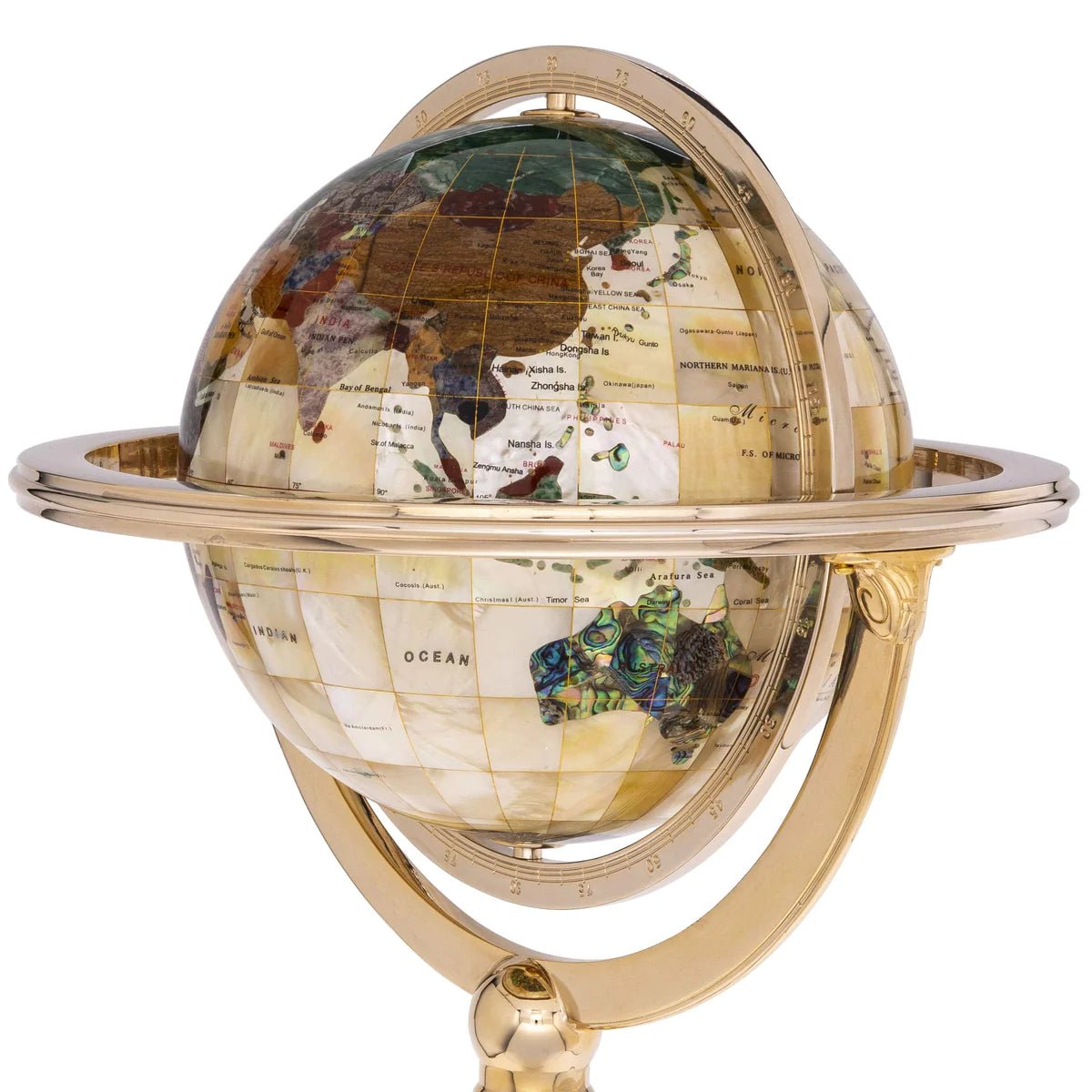 9 Gemstone Globe with a Mother of Pearl Full Cut Ocean on a Gold Colored Masterpiece Stand - Xformerz