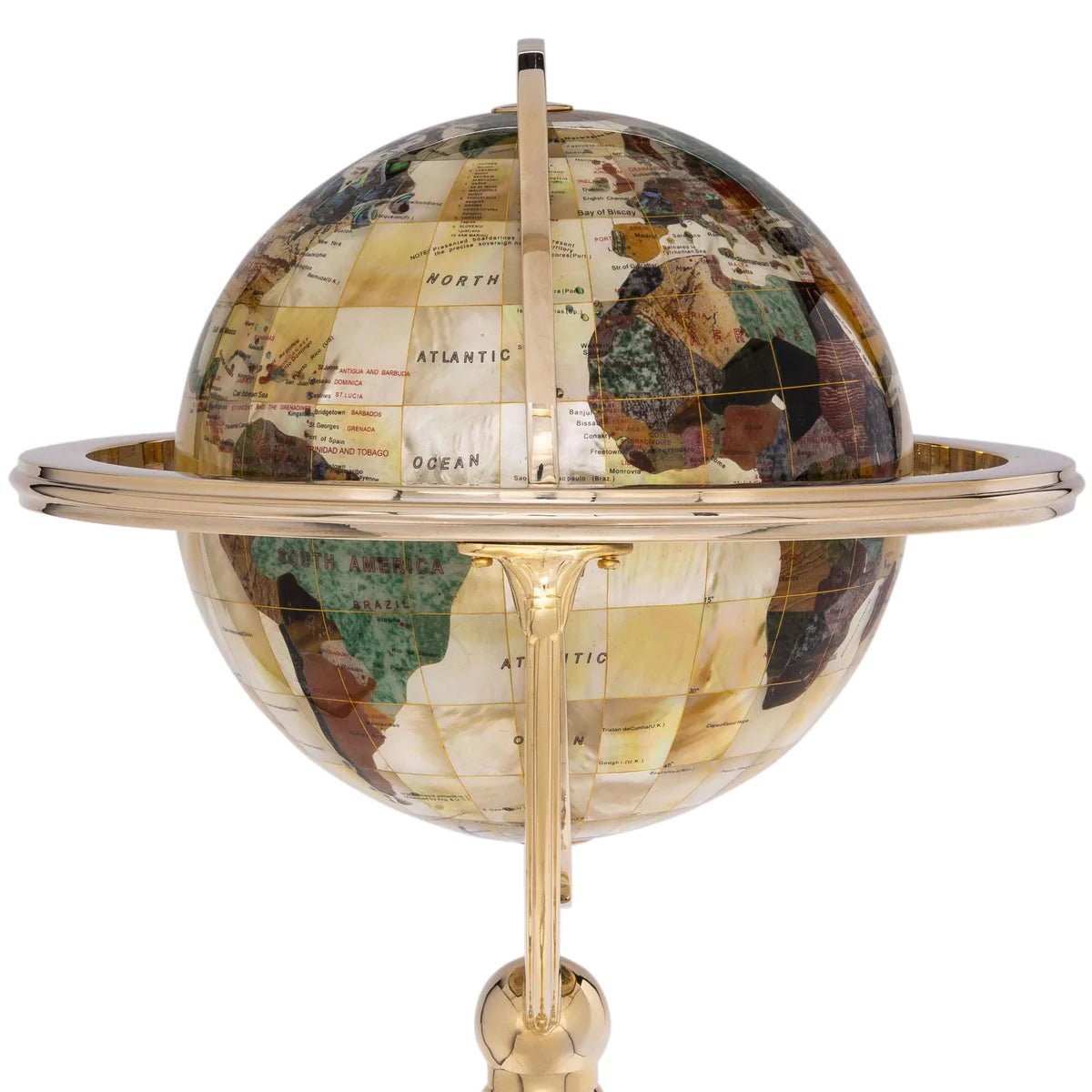 9 Gemstone Globe with a Mother of Pearl Full Cut Ocean on a Gold Colored Masterpiece Stand - Xformerz