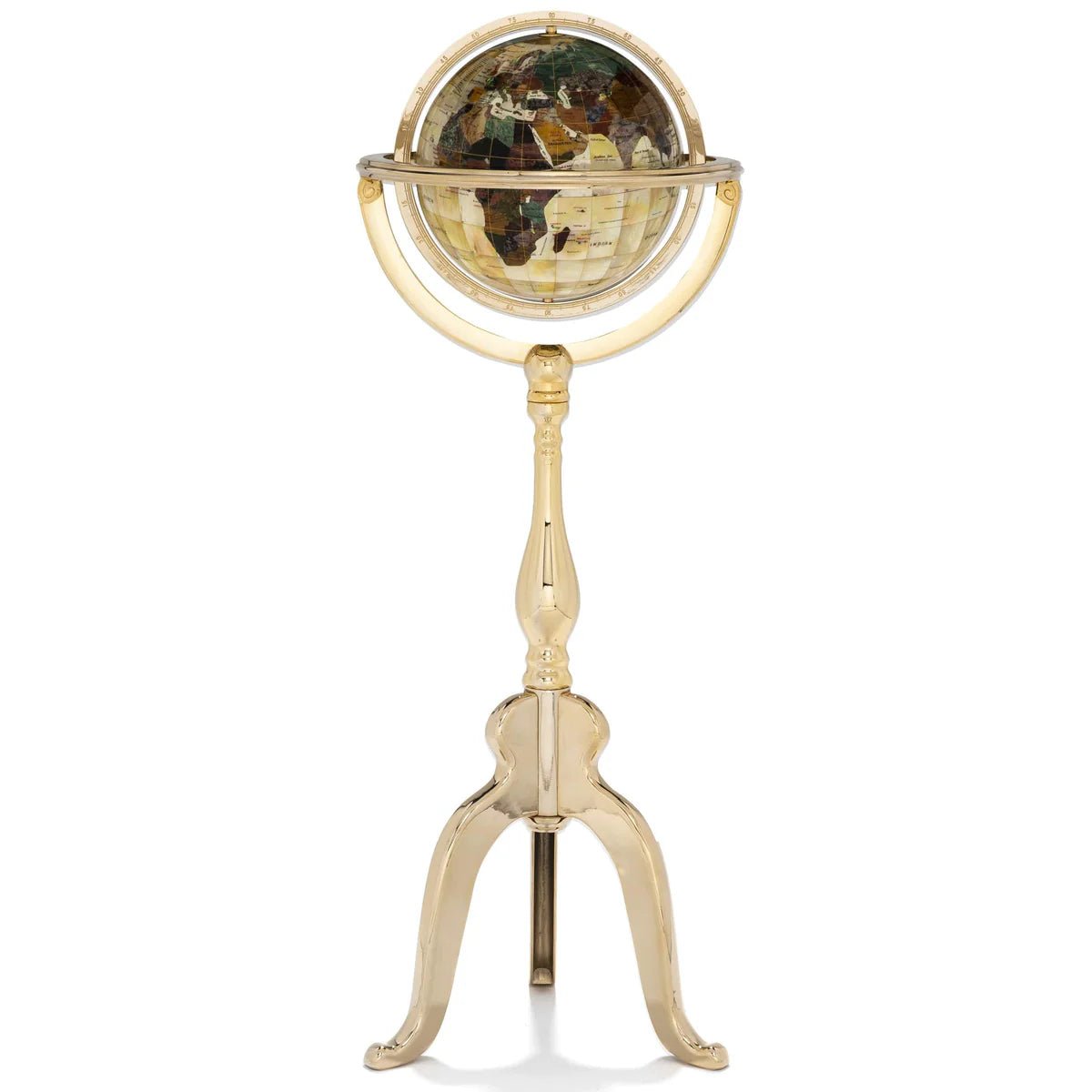 9 Gemstone Globe with a Mother of Pearl Full Cut Ocean on a Gold Colored Masterpiece Stand - Xformerz