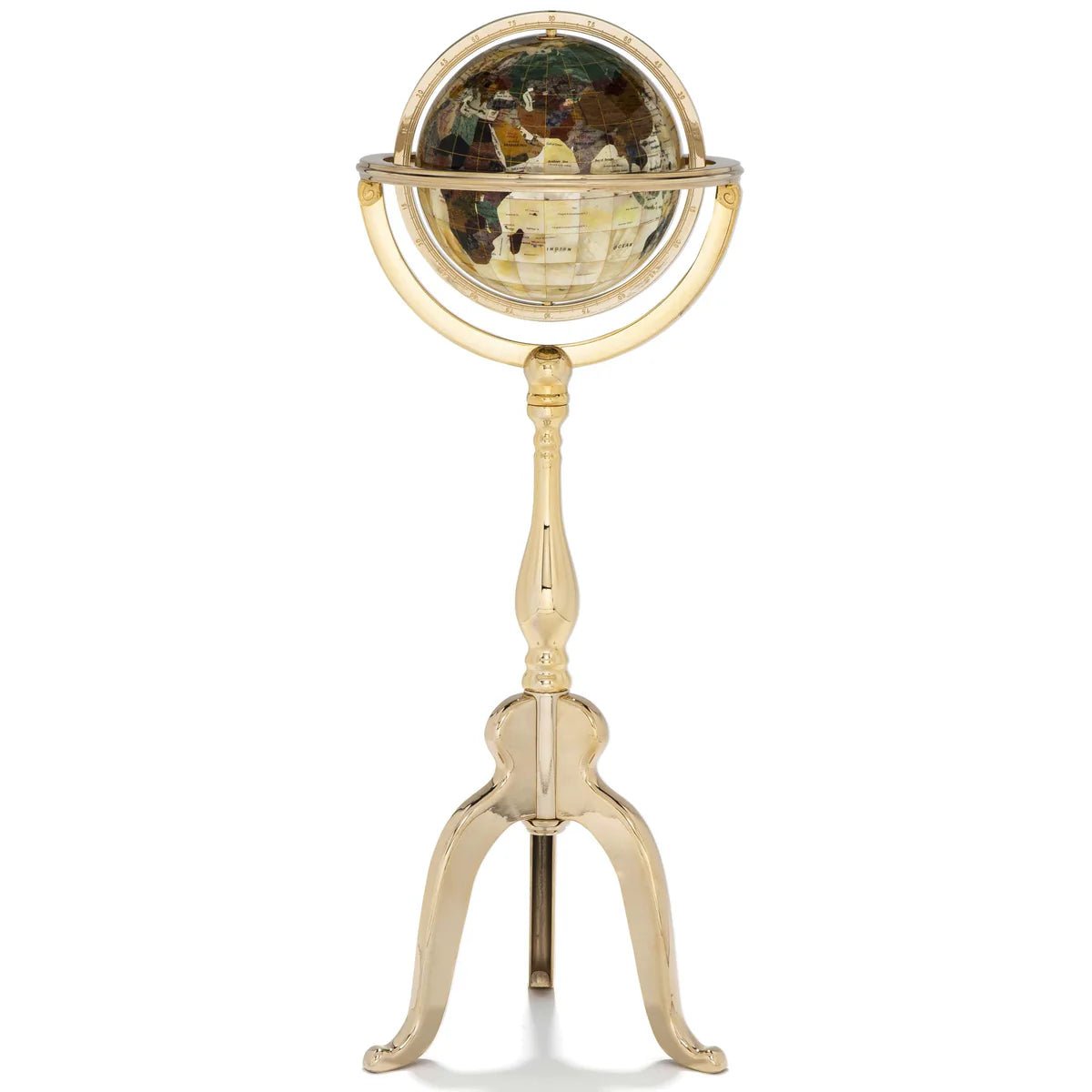 9 Gemstone Globe with a Mother of Pearl Full Cut Ocean on a Gold Colored Masterpiece Stand - Xformerz