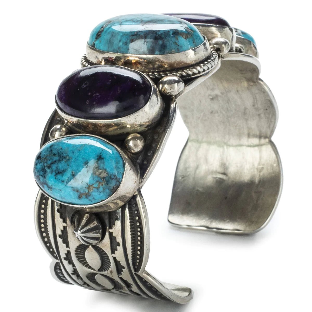 Albert Jake Lone Mountain Turquoise and Sugilite USA Native American Made 925 Sterling Silver Cuff - Xformerz