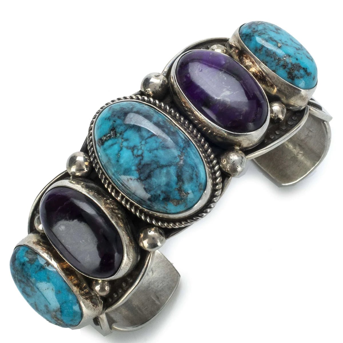 Albert Jake Lone Mountain Turquoise and Sugilite USA Native American Made 925 Sterling Silver Cuff - Xformerz