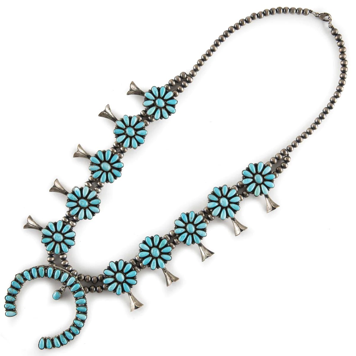 Bea Tom Kingman Turquoise Squash Blossom USA Native American Made 925 Sterling Silver Necklace - Xformerz