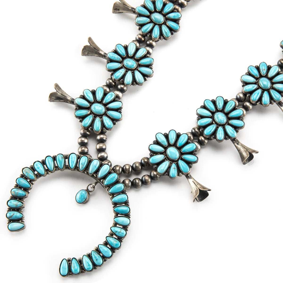 Bea Tom Kingman Turquoise Squash Blossom USA Native American Made 925 Sterling Silver Necklace - Xformerz