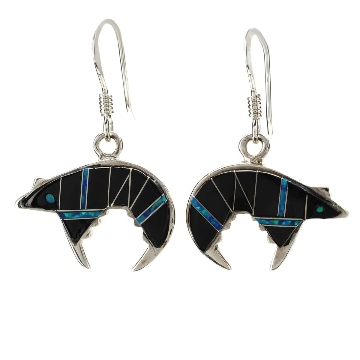 Black Onyx Bear 925 Sterling Silver Earring with French Hook USA Handmade with Aqua Opal Accent - Xformerz