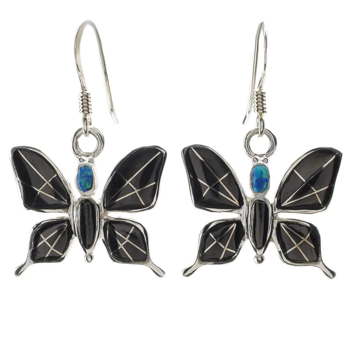 Black Onyx Butterfly 925 Sterling Silver Earring with French Hook USA Handmade with Aqua Opal Accent - Xformerz