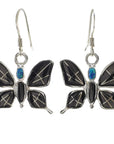 Black Onyx Butterfly 925 Sterling Silver Earring with French Hook USA Handmade with Aqua Opal Accent - Xformerz