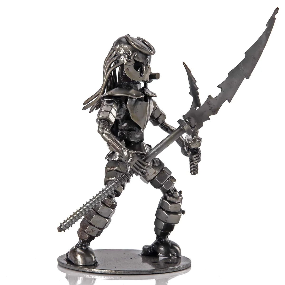 Dual Wielding Predator with Spear Inspired Recycled Metal Sculpture - Xformerz