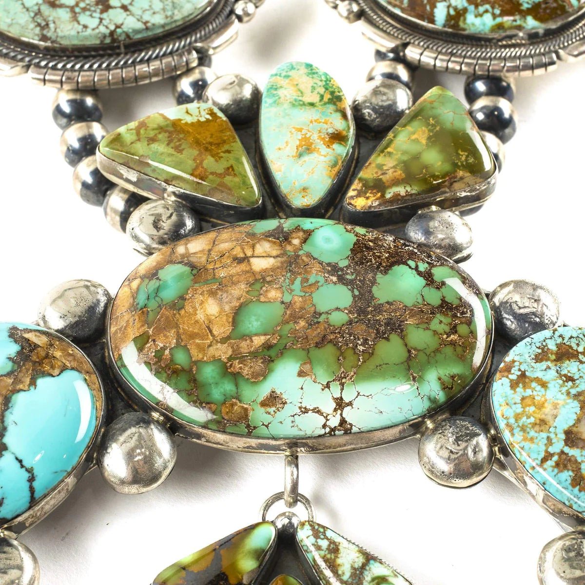 Gabriel Jurado Royston Turquoise Squash Blossom Native American Made Sterling Silver 2 Piece Set - Xformerz