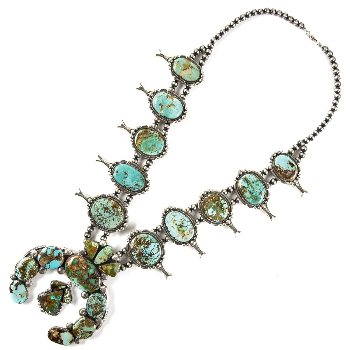 Gabriel Jurado Royston Turquoise Squash Blossom Native American Made Sterling Silver 2 Piece Set - Xformerz