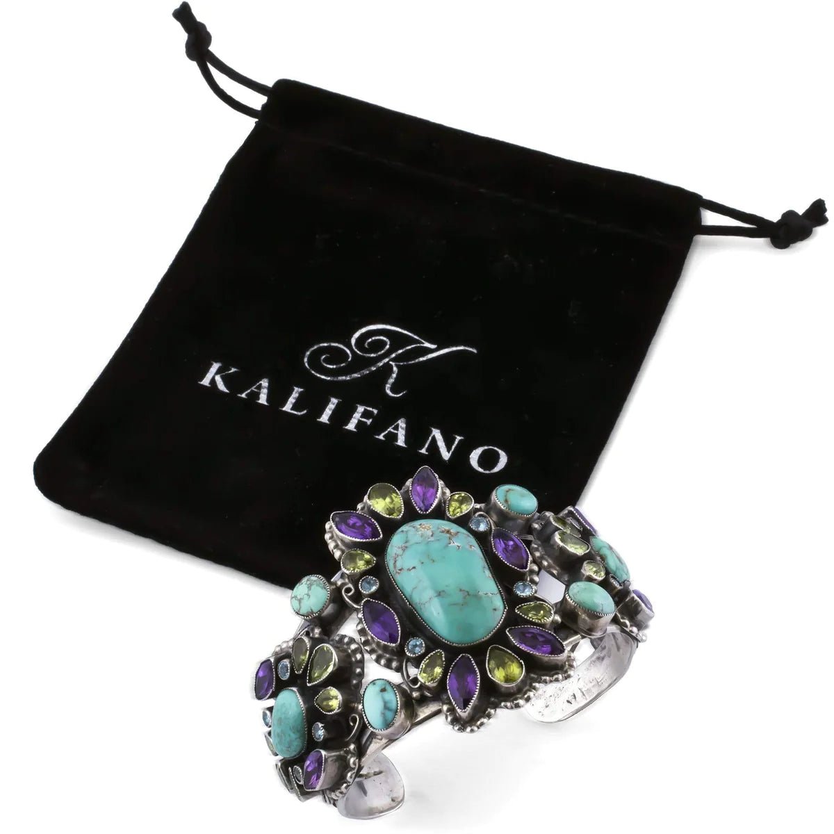 Leo Feeney Blue Carico Lake Turquoise, Amethyst, Peridot, and Blue Topaz USA Native American Made 925 Sterling Silver Cuff - Xformerz