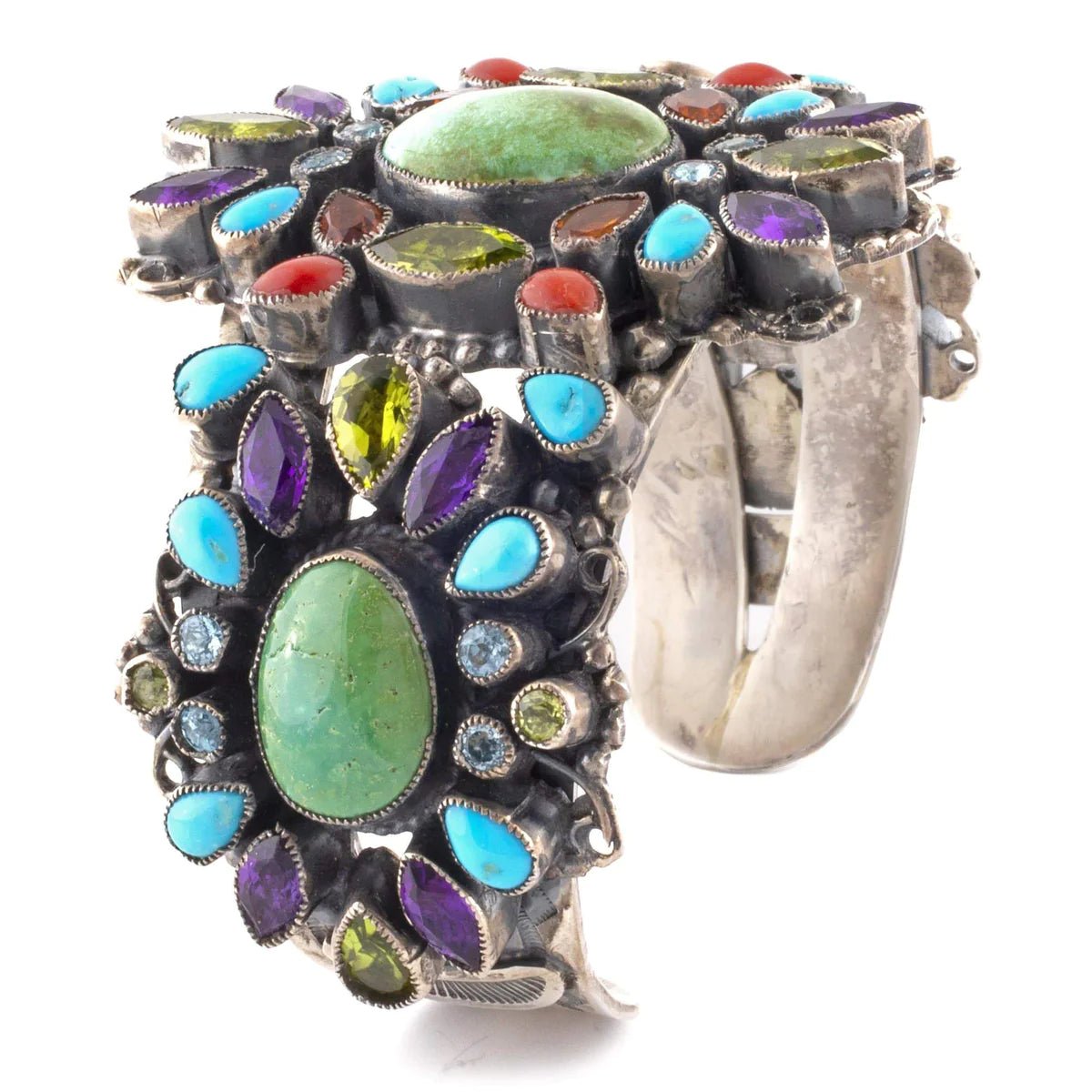 Leo Feeney Prince Turquoise, Pink Garnet, Blue Topaz, Peridot, and Mother of Pearl USA Native American Made 925 Sterling Silver Cuff - Xformerz