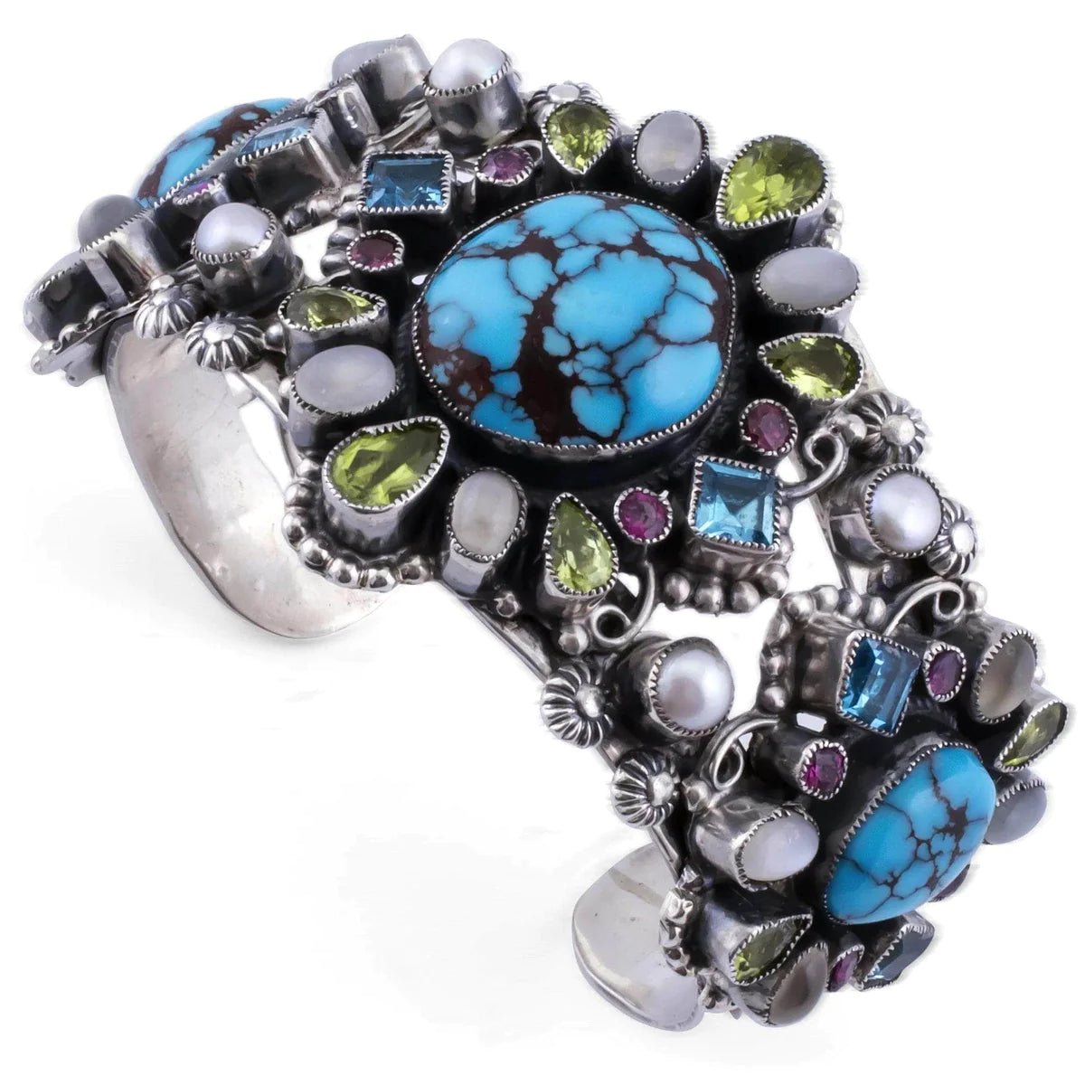 Leo Feeney Prince Turquoise, Pink Garnet, Blue Topaz, Peridot, and Mother of Pearl USA Native American Made 925 Sterling Silver Cuff - Xformerz