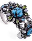 Leo Feeney Prince Turquoise, Pink Garnet, Blue Topaz, Peridot, and Mother of Pearl USA Native American Made 925 Sterling Silver Cuff - Xformerz