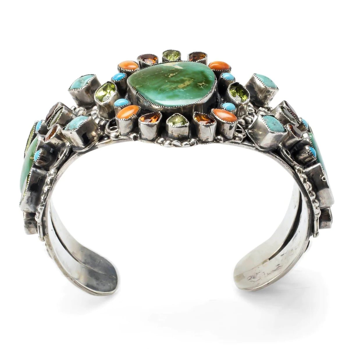 Leo Feeney Royston & Sleeping Beauty Turquoise, Orange Spiny Oyster Shell, Peridot, and Hessonite USA Native American Made 925 Sterling Silver Cuff - Xformerz