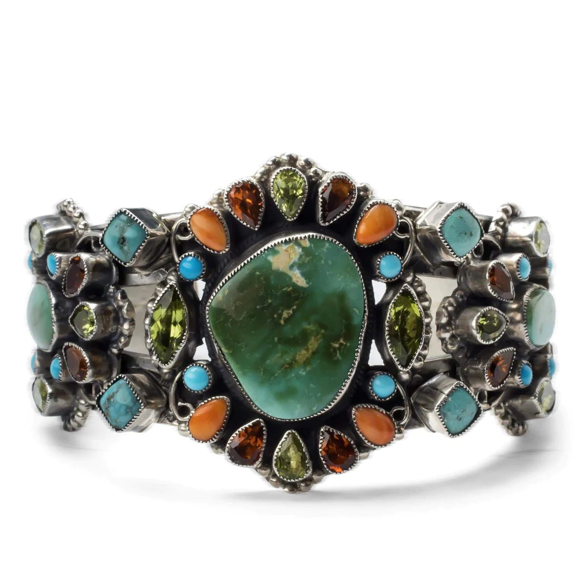 Leo Feeney Royston & Sleeping Beauty Turquoise, Orange Spiny Oyster Shell, Peridot, and Hessonite USA Native American Made 925 Sterling Silver Cuff - Xformerz