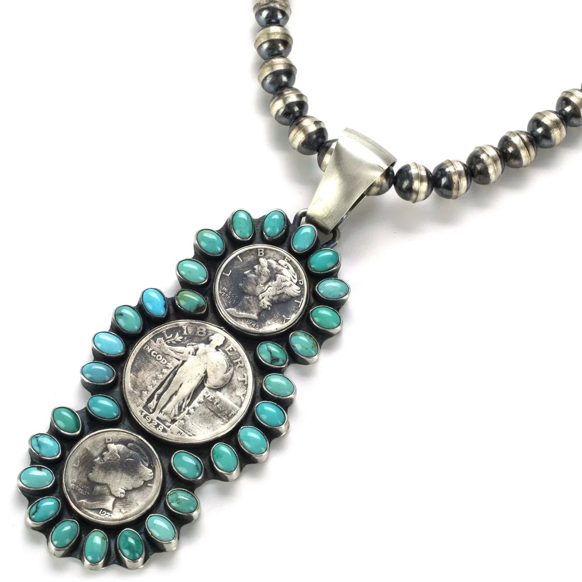 Paul Livingston Tyrone and Campitos Turquoise &amp; Triple Liberty Coin Pendant with 8mm Navajo Pearls Bead Necklace USA Native American Made 925 Sterling Silver Set - Xformerz