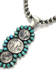 Paul Livingston Tyrone and Campitos Turquoise & Triple Liberty Coin Pendant with 8mm Navajo Pearls Bead Necklace USA Native American Made 925 Sterling Silver Set - Xformerz