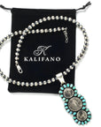 Paul Livingston Tyrone and Campitos Turquoise & Triple Liberty Coin Pendant with 8mm Navajo Pearls Bead Necklace USA Native American Made 925 Sterling Silver Set - Xformerz