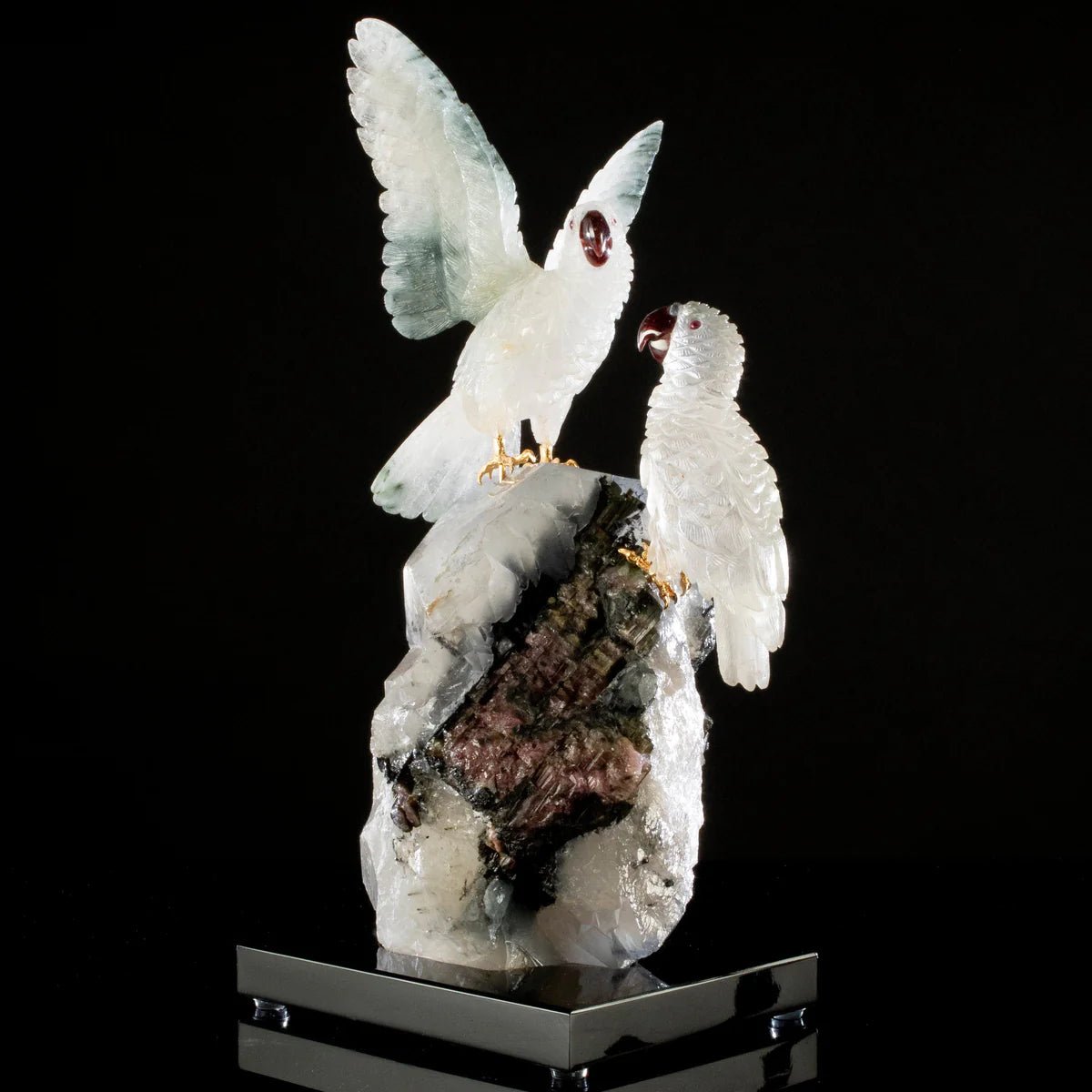 Peter Muller Actionlite Parrot Couple Love Birds Carving on Smoky Quartz & Tourmaline Base - Xformerz