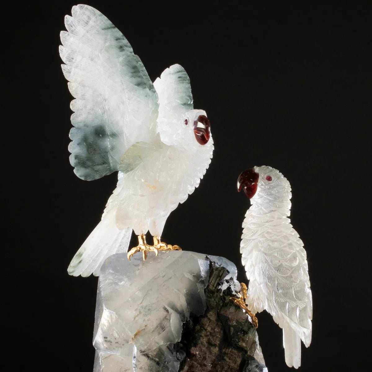 Peter Muller Actionlite Parrot Couple Love Birds Carving on Smoky Quartz & Tourmaline Base - Xformerz