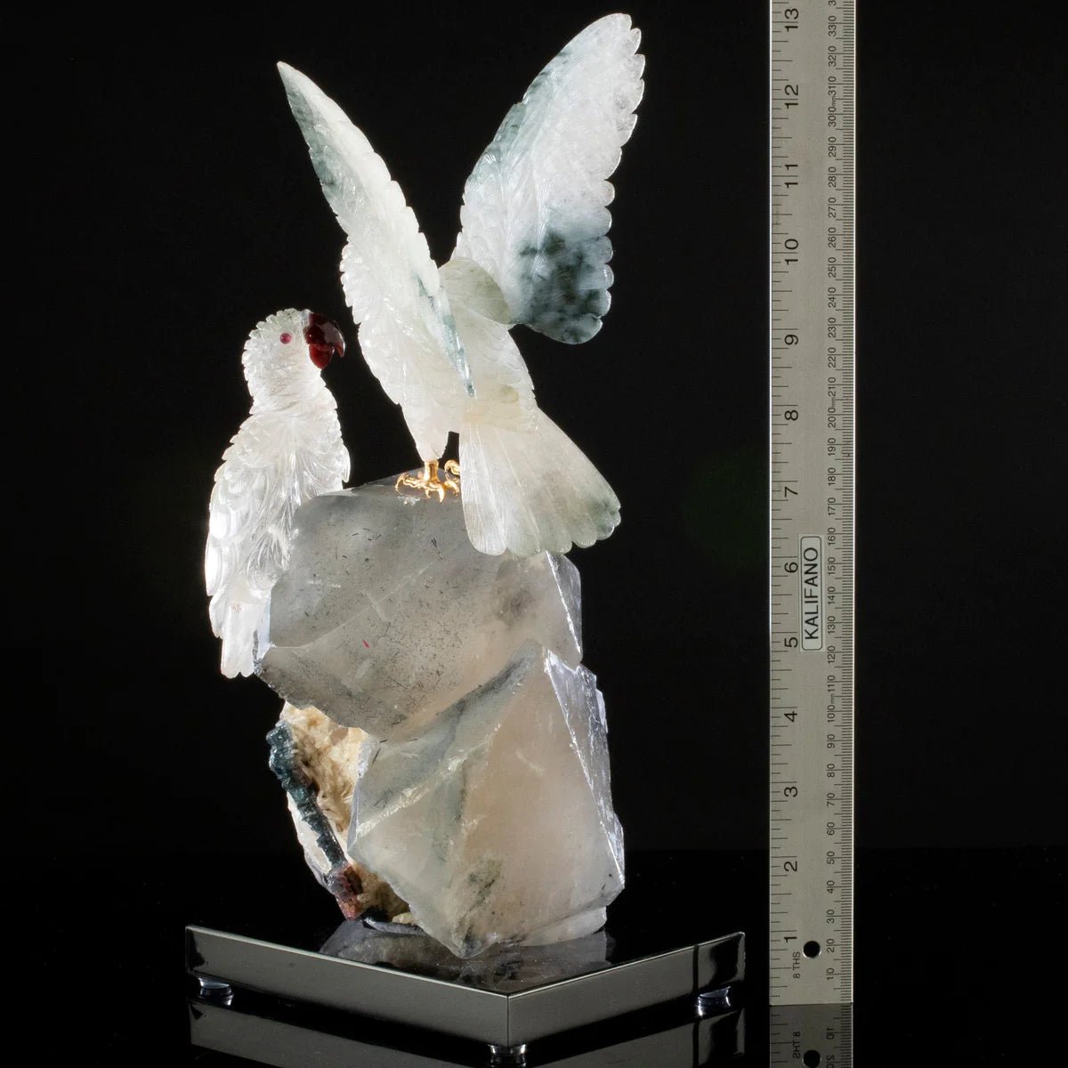 Peter Muller Actionlite Parrot Couple Love Birds Carving on Smoky Quartz & Tourmaline Base - Xformerz