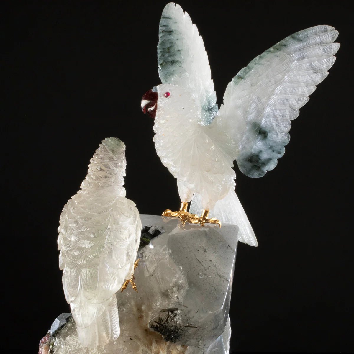 Peter Muller Actionlite Parrot Couple Love Birds Carving on Smoky Quartz & Tourmaline Base - Xformerz