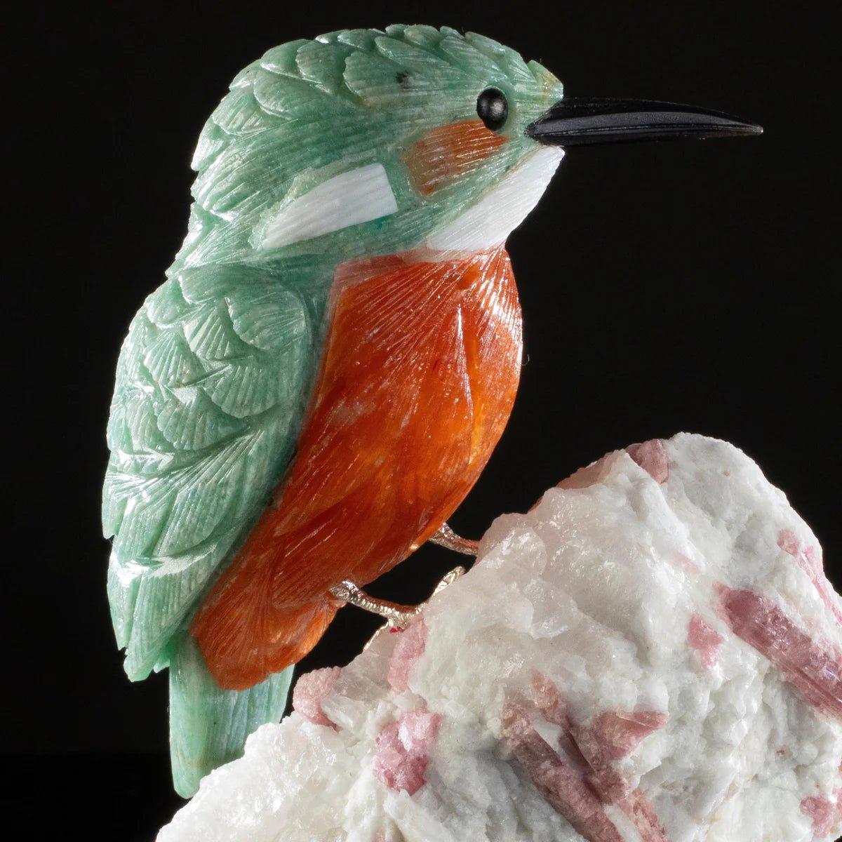 Peter Muller Amazonite Belted Kingfisher Love Bird Carving on Tourmaline Base - Xformerz