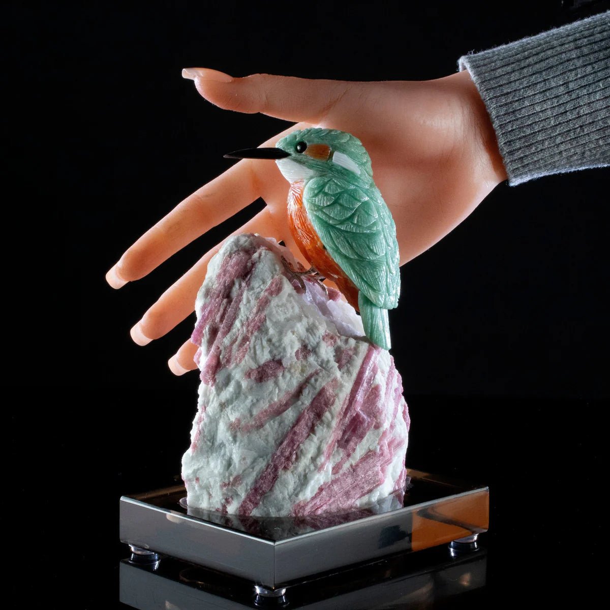 Peter Muller Amazonite Belted Kingfisher Love Bird Carving on Tourmaline Base - Xformerz