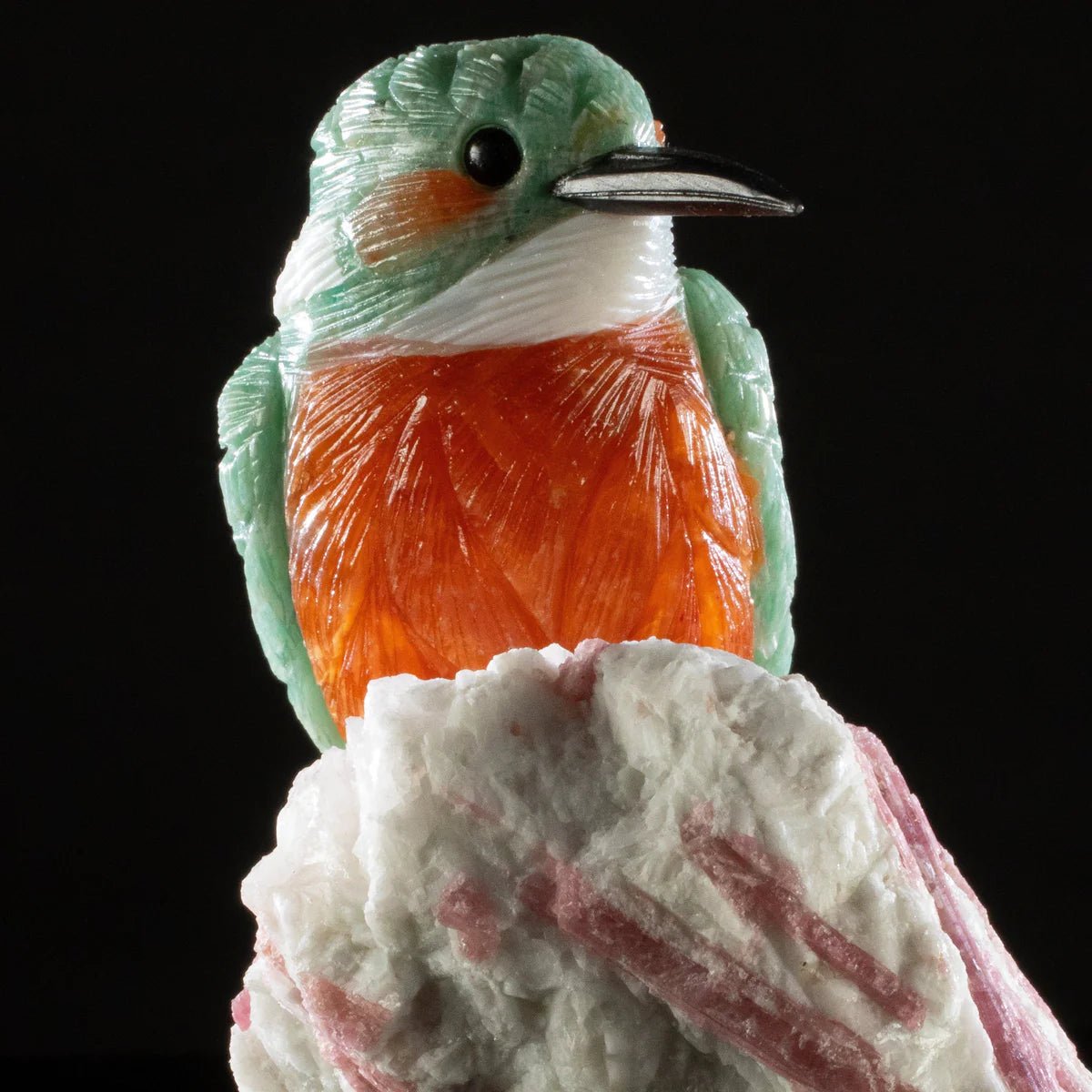 Peter Muller Amazonite Belted Kingfisher Love Bird Carving on Tourmaline Base - Xformerz