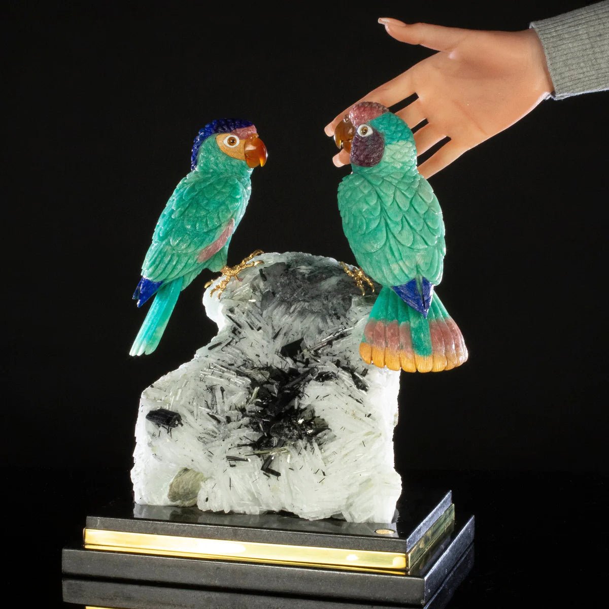 Peter Muller Amazonite, Lapis Lazuli, Rhodochrosite, & Mokaite Blue Fronted Amazon Parrot Couple Love Birds Carving on Albite & Tourmaline & Marble Base - Xformerz