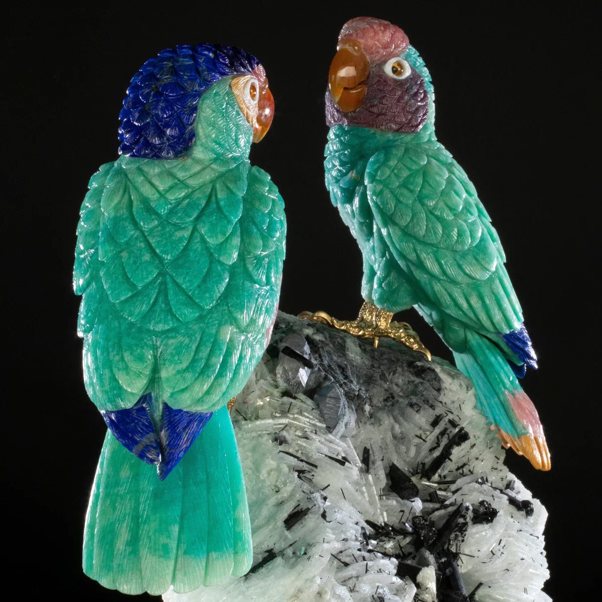 Peter Muller Amazonite, Lapis Lazuli, Rhodochrosite, & Mokaite Blue Fronted Amazon Parrot Couple Love Birds Carving on Albite & Tourmaline & Marble Base - Xformerz