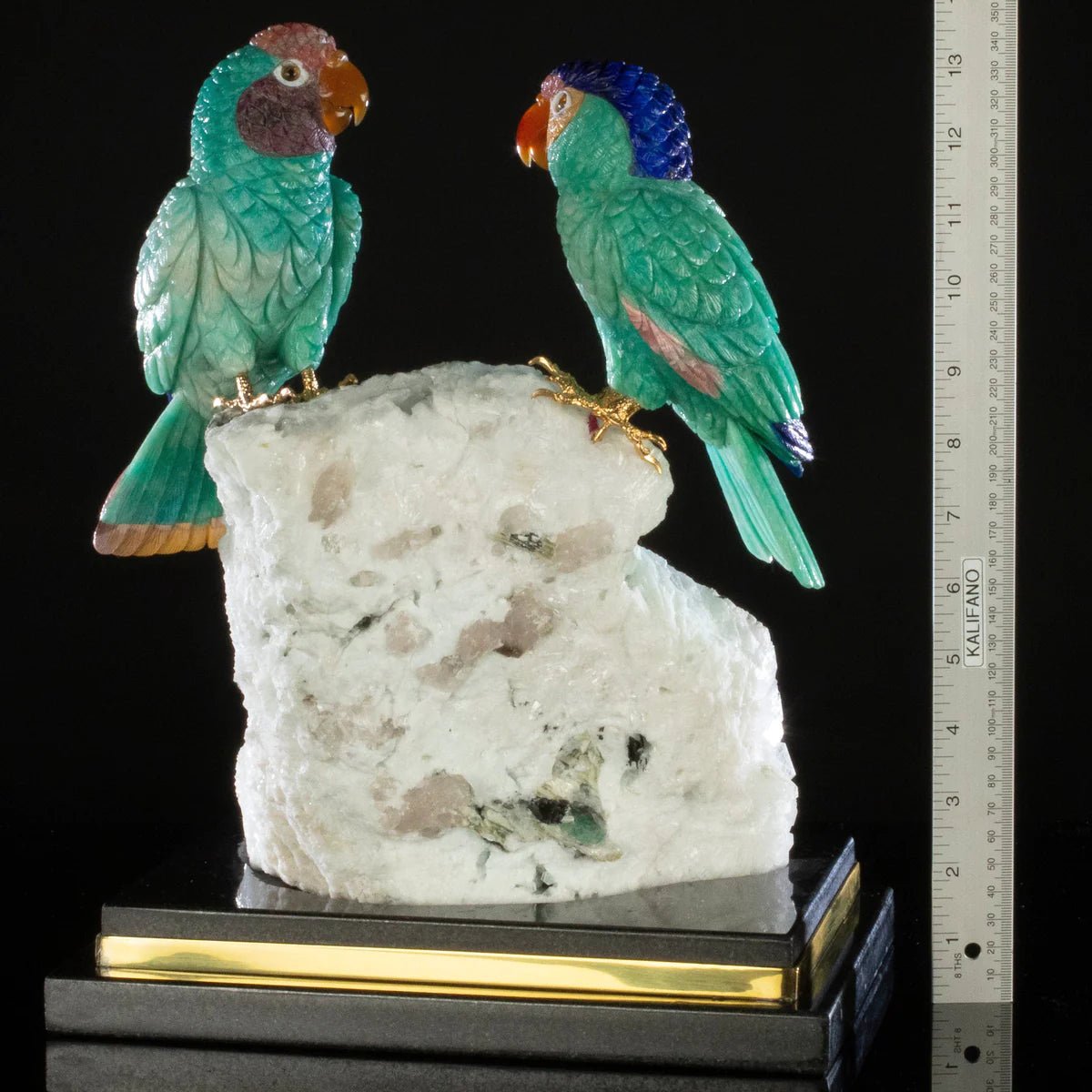 Peter Muller Amazonite, Lapis Lazuli, Rhodochrosite, &amp; Mokaite Blue Fronted Amazon Parrot Couple Love Birds Carving on Albite &amp; Tourmaline &amp; Marble Base - Xformerz