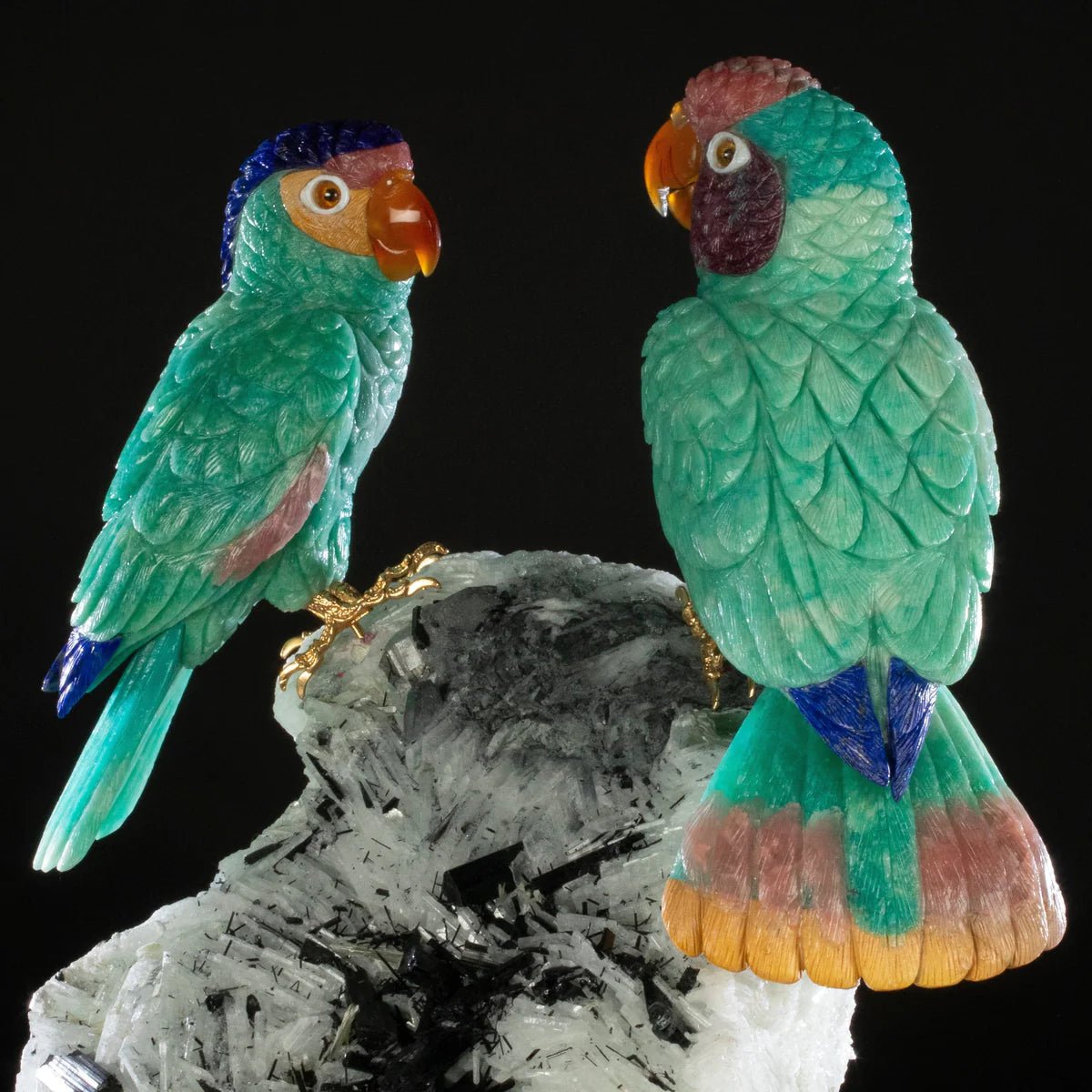 Peter Muller Amazonite, Lapis Lazuli, Rhodochrosite, & Mokaite Blue Fronted Amazon Parrot Couple Love Birds Carving on Albite & Tourmaline & Marble Base - Xformerz