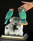 Peter Muller Amazonite, Lapis Lazuli, Rhodochrosite, & Mokaite Blue Fronted Amazon Parrot Couple Love Birds Carving on Albite & Tourmaline & Marble Base - Xformerz