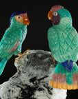 Peter Muller Amazonite, Lapis Lazuli, Rhodochrosite, & Mokaite Blue Fronted Amazon Parrot Couple Love Birds Carving on Albite & Tourmaline & Marble Base - Xformerz