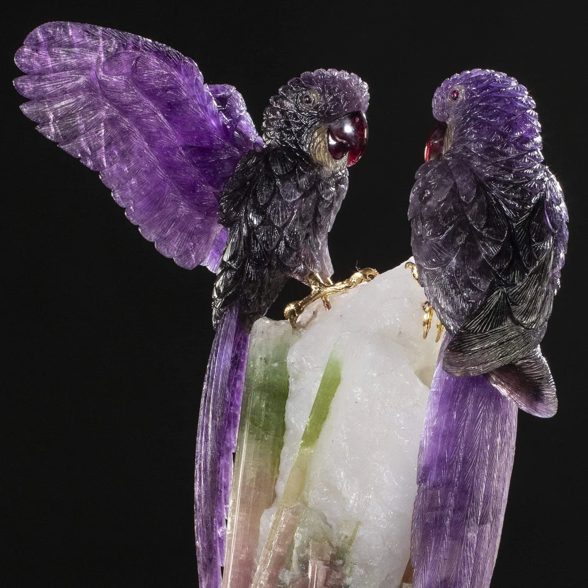 Peter Muller Amethyst Macaw Couple Love Birds Carving on Watermelon Tourmaline Base - Xformerz