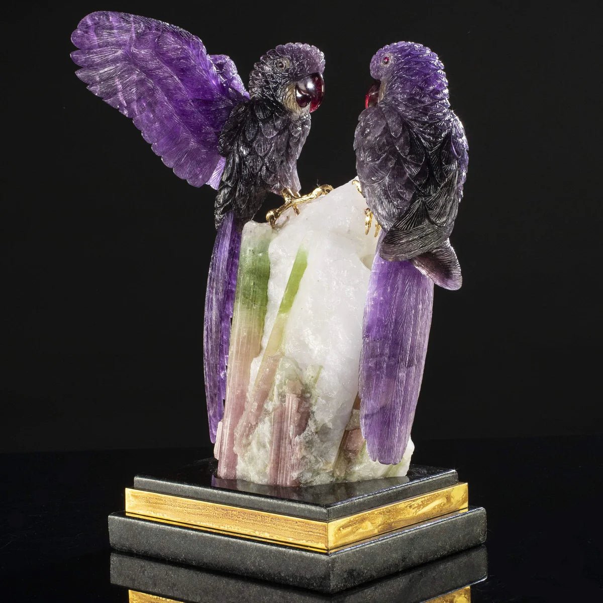 Peter Muller Amethyst Macaw Couple Love Birds Carving on Watermelon Tourmaline Base - Xformerz