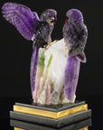 Peter Muller Amethyst Macaw Couple Love Birds Carving on Watermelon Tourmaline Base - Xformerz