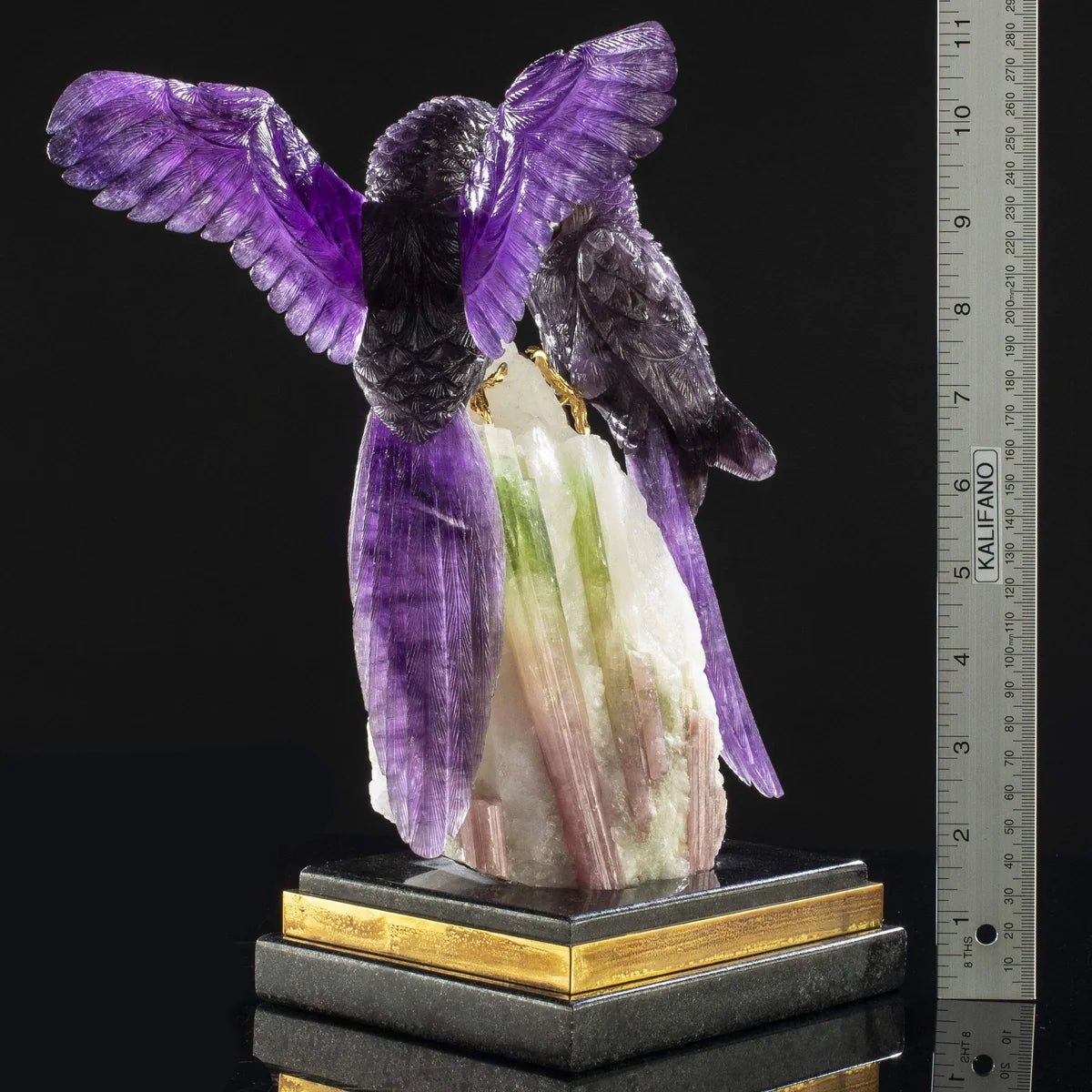 Peter Muller Amethyst Macaw Couple Love Birds Carving on Watermelon Tourmaline Base - Xformerz